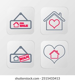 Set línea Casa con forma de corazón, signo colgante Vendido, y para la venta icono. Vector