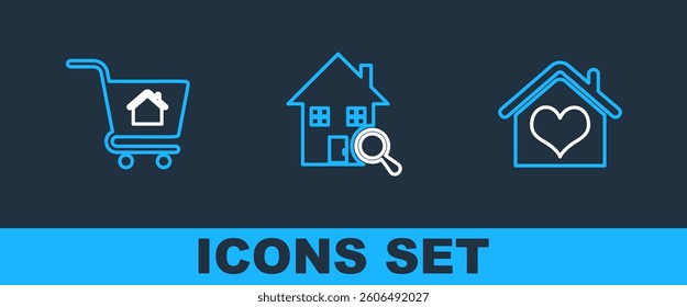 Set line House with heart shape, Shopping cart house and Search icon. Vector