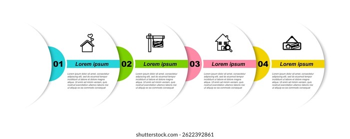 Set line Casa con forma de corazón, signo colgante Vendido, casa de Búsqueda y . Plantilla de infografía de negocios. Vector