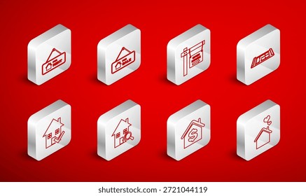 Casa con forma de corazón, signo colgante en venta, casa abierta, Plan, dólar, alquiler, Búsqueda y marca de verificación. Vector