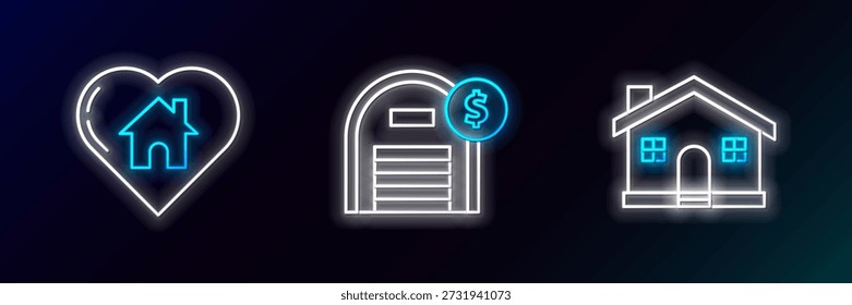 Casa de línea del sistema, con la forma del corazón y el icono del símbolo del dólar del almacén. Brillante neón. Vector