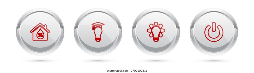 Humedad de la casa, bombilla y tapa de graduación, engranaje y Botón de energía. Botón de círculo plateado. Vector
