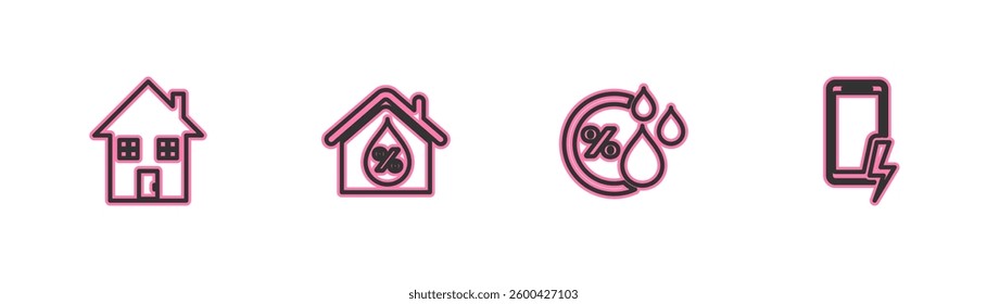 Set line House, Humidity, humidity and Mobile charging battery icon. Vector