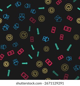Set line House, Humidity, Power button and Mobile with heart rate on seamless pattern. Vector