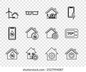 Set line House humidity, Smart home, with wind turbine, settings and Thermostat icon. Vector
