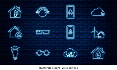 Set-line Haus Feuchtigkeit, mit Windturbine, Feuchtigkeit für Smart Home, Smart Gläser, Einstellungen, Temperatur, Mobile und Passwort-Schutz und Thermostat-Symbol. Vektorgrafik