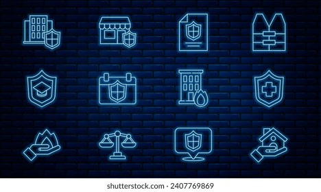Set line House insurance, Health, Contract with shield, Calendar, Graduation cap, Fire burning house and Shopping building icon. Vector