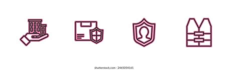 Set line House insurance, Life with shield, Delivery security and jacket icon. Vector