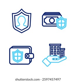 Set line House insurance, Wallet with shield, Money and Life icon. Vector
