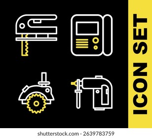Set line House intercom system, Rotary hammer drill machine, Electric circular saw and jigsaw icon. Vector