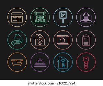 Fijar la clave House de la línea, contrato, aparcamiento, con el símbolo del dólar, Realtor, tienda de mercaderías, casa inmobiliaria en línea y el icono de Colgar por venta. Vector