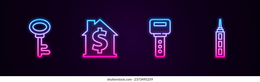 Define la línea de la tecla House, con el símbolo del dólar, y el rascacielos. Icono de neón brillante. Vector