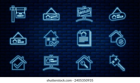 Establecer la línea Casa con clave, dólar, signo de colgante Vendido, marca de verificación, Para venta, Alquiler, contrato e icono. Vector