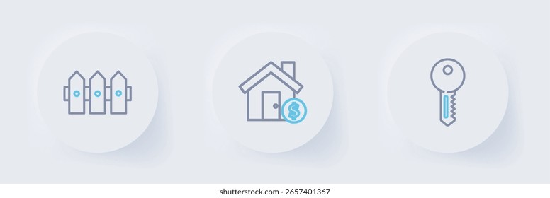 Set-Linie Hausschlüssel, mit Dollar-Symbol und Gartenzaun Holzsymbol. Vektorgrafik