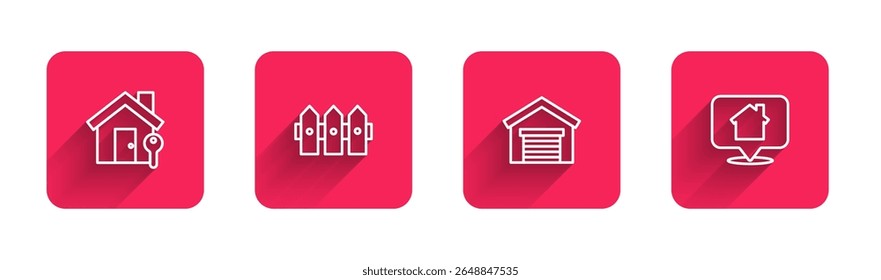 Set line House with key, Garden fence wooden, Garage and Location house with long shadow. Red square button. Vector