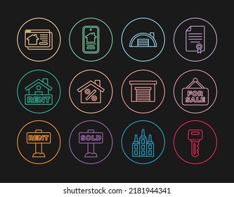 Set Line House Key, Hanging Sign With For Sale, Warehouse, Percant Discount, Rent, Online Real Estate, Garage And  Icon. Vector