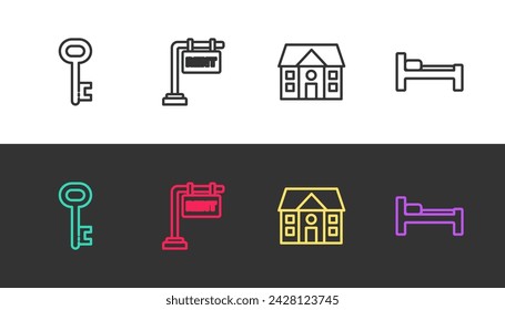 Llave de la casa, colgante con alquiler, y cama en blanco y negro. Vector