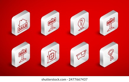 Set line House key, Hanging sign with text Sold, Location, Rent, Bathtub, Sale, under protection and  icon. Vector