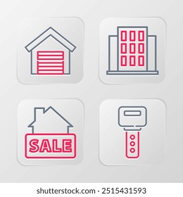 Set line House key, Hanging sign with Sale,  and Garage icon. Vector