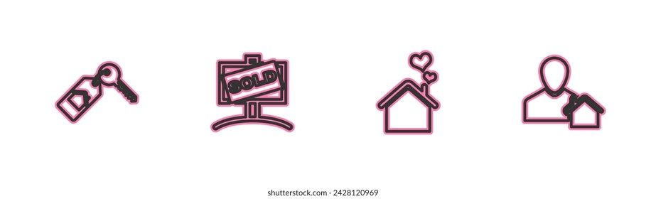 Set Linie Haus mit Schlüssel, Herzform, Hängezeichen Verkauft und Makler-Ikone. Vektor
