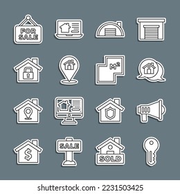Set line House key, Megaphone, Real estate message house, Warehouse, Location with, under protection, Hanging sign For Sale and plan icon. Vector
