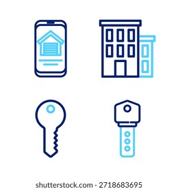 Establecer la línea de la llave de la casa, y el icono de la casa de bienes raíces en línea. Vector