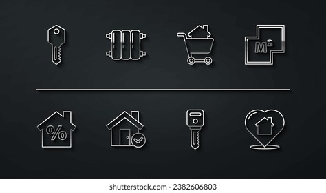 Fijar la tecla Casa de línea, con descuento percant, plan, marca de verificación, radiador de calefacción, forma de corazón e icono de la casa del carro de compras. Vector