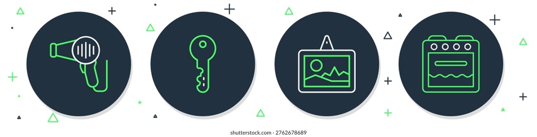 Set line House key, Picture, Hair dryer and Oven icon. Vector