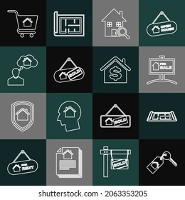 Set Line House mit Schlüssel, Plan, Hängezeichen für den Verkauf, Suche Haus, verkauft, Man träumt vom Kauf, Einkaufswagen und Dollar Symbol. Vektorgrafik