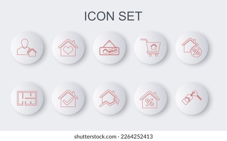 Set line House with key, plan, Hanging sign Sold, percant, Realtor, heart shape, check mark and Rising cost of housing icon. Vector