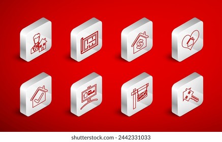 Set line Casa con llave, plano, dólar, forma de corazón, signo colgante Vendido, Agente inmobiliario, Para la venta y marca de verificación icono. Vector