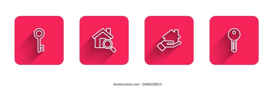 Set line House key, Search house, Realtor and  with long shadow. Red square button. Vector