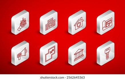 Set line House key, with shield, plan, Museum building, Skyscraper,  and Megaphone icon. Vector