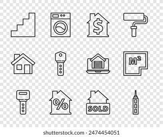Set line House key, Skyscraper, with dollar symbol, percant discount, Staircase, Hanging sign text Sold and plan icon. Vector