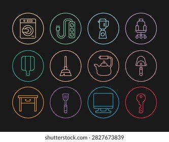 Set line House key, Spatula, Blender, Handle broom, Cutting board, Washer, Kettle with handle and Electric extension icon. Vector