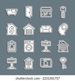 Fijar la línea de la tecla House, bajo protección, Hombre soñando con comprar casa, Mercado, Garaje, con el símbolo del dólar, Bañera e ícono de Sofá. Vector