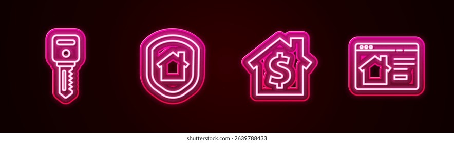 Set line House key, under protection, with dollar symbol and Online real estate house. Glowing neon icon. Vector