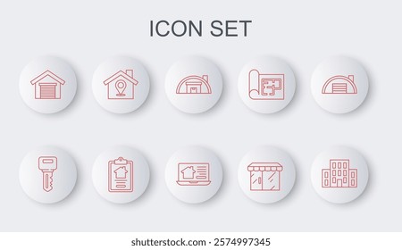Set line House, key, Warehouse, Market store, Garage, Location with, contract and Online real estate icon. Vector