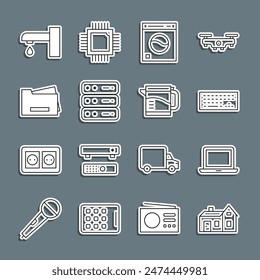 Set line House, Laptop, Keyboard, Washer, Server, Data, Web Hosting, Printer, Water tap and Electric kettle icon. Vector