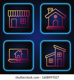 Set line House, Laptop and smart home, Shopping building or market store and House. Gradient color icons. Vector