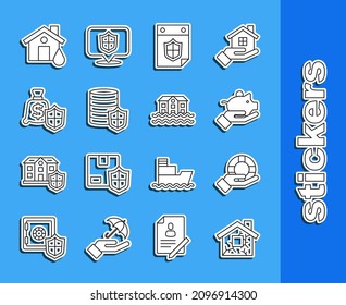 Set line House, Lifebuoy in hand, Piggy bank, Calendar with shield, Money, flood and  icon. Vector
