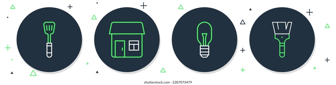 Set line House, Light bulb, Spatula and Paint brush icon. Vector