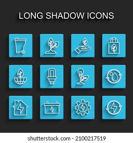 Set line House and lightning, Car battery, Trash can, Gear, Lightning bolt, LED bulb, Recycle clean aqua and with leaf icon. Vector