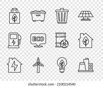 Set line House and lightning, Factory, Trash can, Wind turbine, Shopping bag with recycle, Label for eco healthy food, Light bulb leaf and Eco friendly house icon. Vector