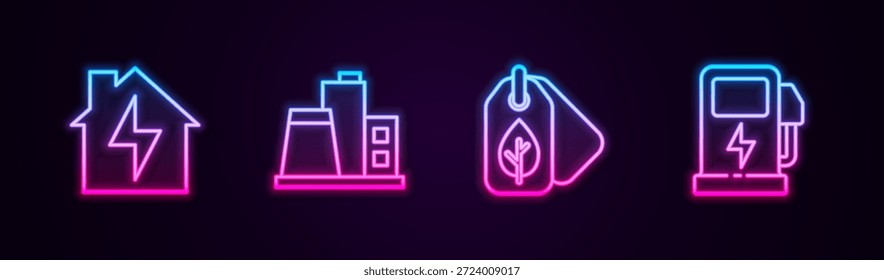 Set línea Casa y relámpago, Fábrica, Etiqueta con hoja y estación de carga de coche eléctrico. Icono de neón brillante. Vector