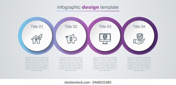 Set line House and lightning, Piggy bank, Insurance online and Shield hand. Business infographic template. Vector