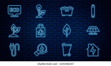 Set line House and lightning, Solar energy panel, Trash can, Paper bag with recycle, Plant, Label for eco healthy food, Tree and Light bulb leaf icon. Vector