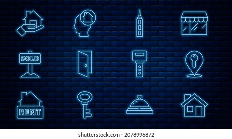 Set line House, Location key, Skyscraper, Closed door, Hanging sign with text Sold, Realtor,  and Man dreaming about buying house icon. Vector