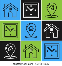 Set line House, Map pointer with house and Clock icon. Vector