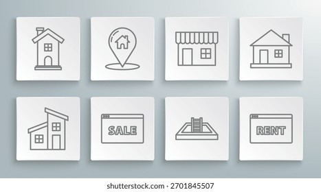 Definir linha Casa, Ponteiro de mapa com casa, Texto de sinal pendurado Venda on-line, Escada de piscina, Aluguel, Edifício de compras ou loja de mercado, e ícone de símbolo de casa. Vetor